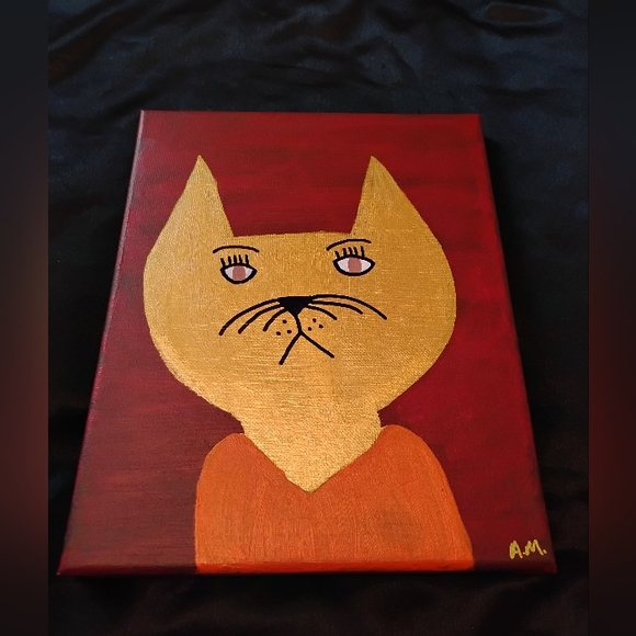 hand painted art on canvas red gold and orange cat portrait painting - Picture 2 of 4